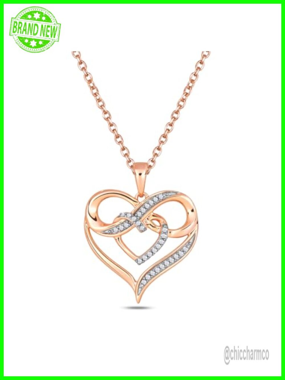 10K Solid Gold Natural Diamond Double Heart Infinity Pendant Necklace for Women